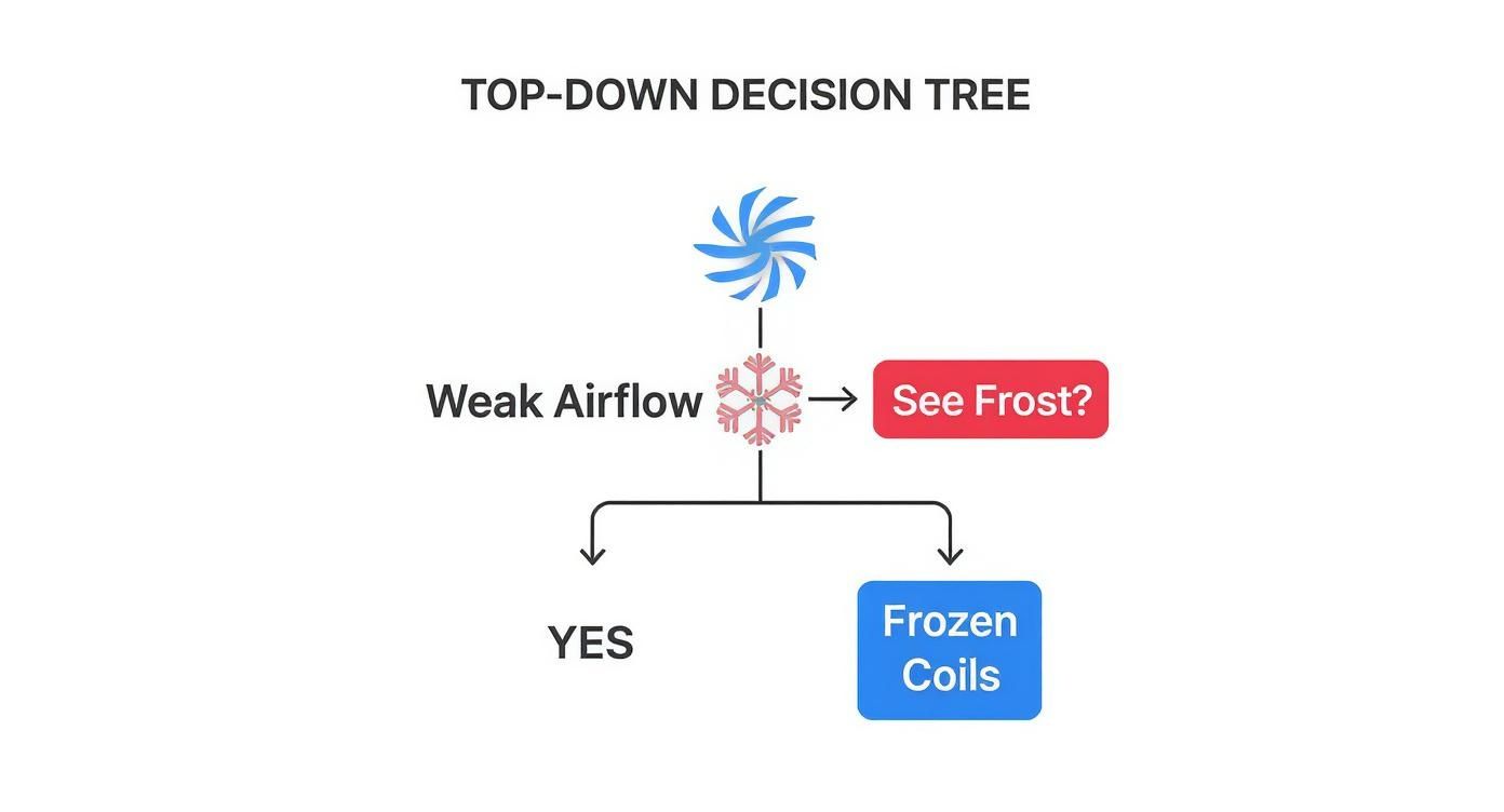 Decision tree for A/C unit troubleshooting: weak airflow leads to checking for frost and potential frozen coils.