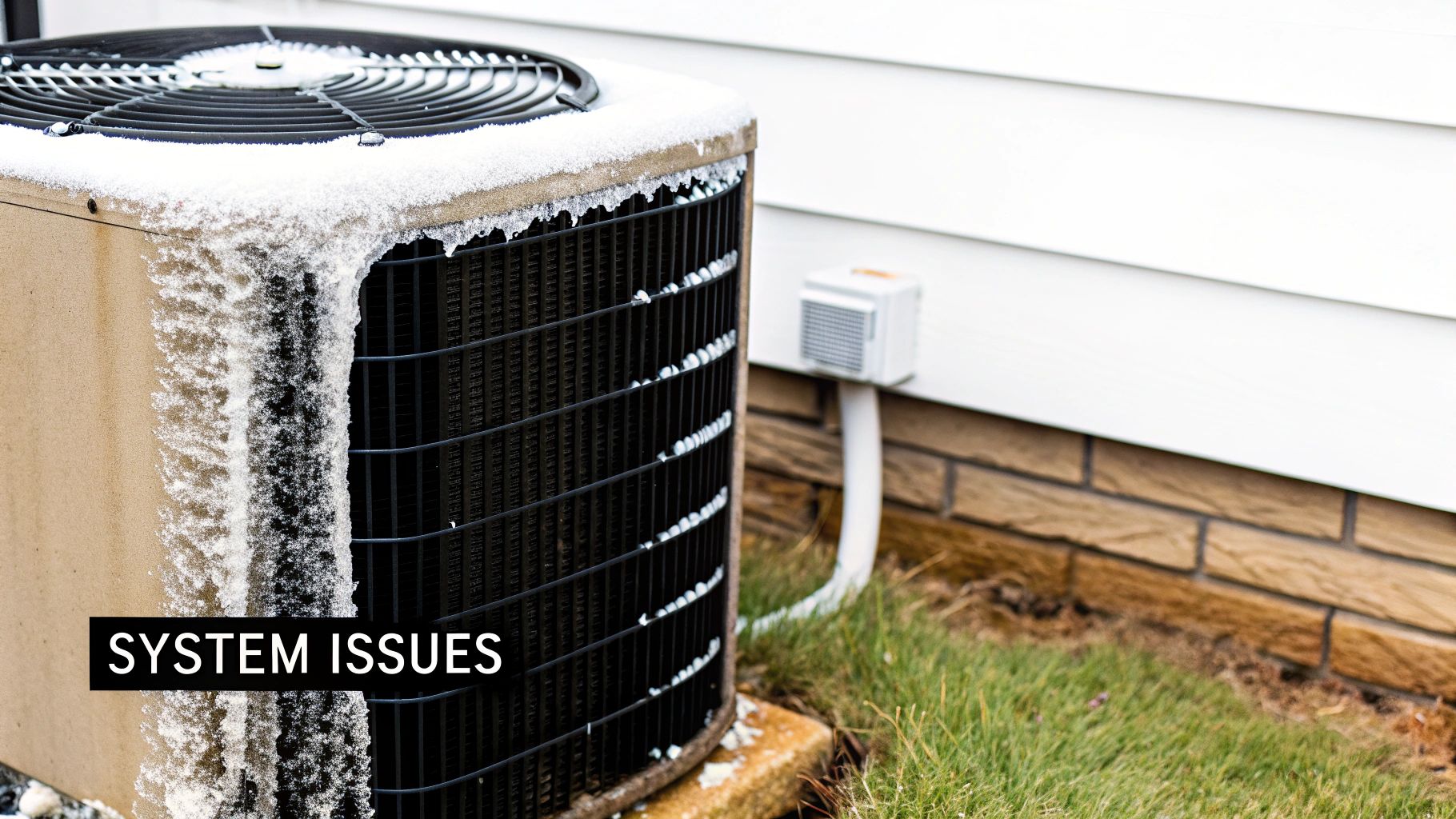 An outdoor AC unit covered in snow and ice, indicating a system problem.