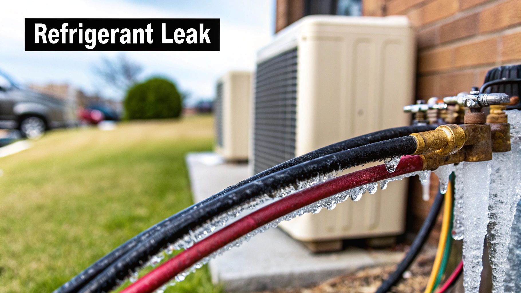 Frozen refrigerant lines with ice buildup on outdoor air conditioning unit showing leak problem