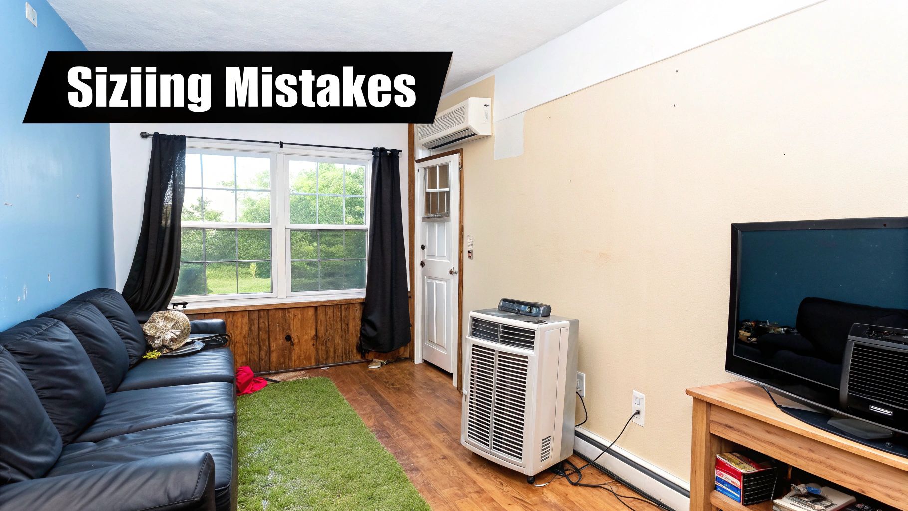 A cluttered living room with a black couch, a window, a TV, and two air conditioning units.