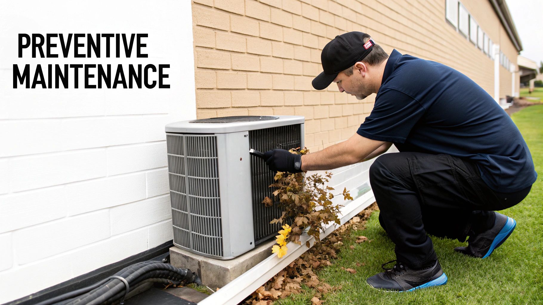 HVAC technician performing preventive maintenance cleaning debris from outdoor air conditioning unit