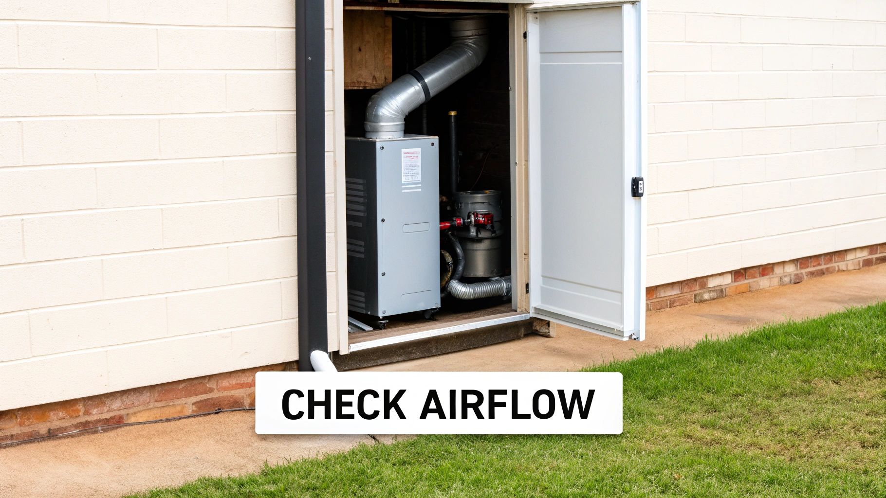 A furnace unit with metal ventilation pipes inside an outdoor utility closet attached to a light brick wall.
