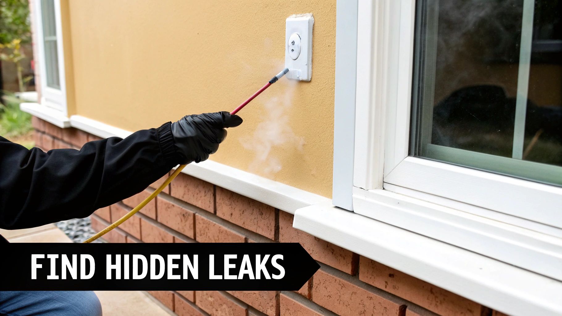 Gloved hand uses a smoke generator to find hidden air leaks around a house's outdoor electrical outlet.