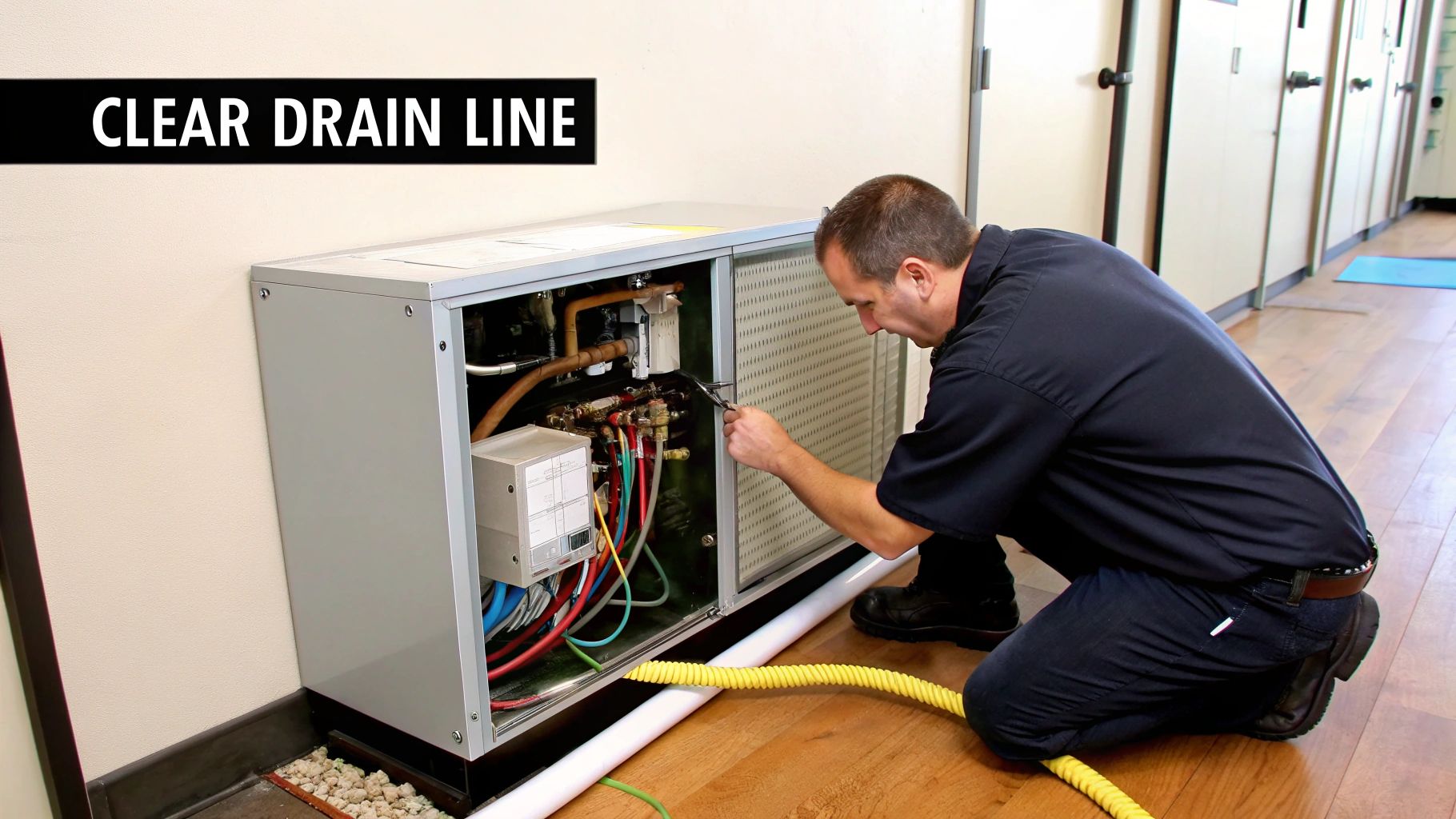 A male technician kneels, using a tool to repair the internal workings of an HVAC unit.