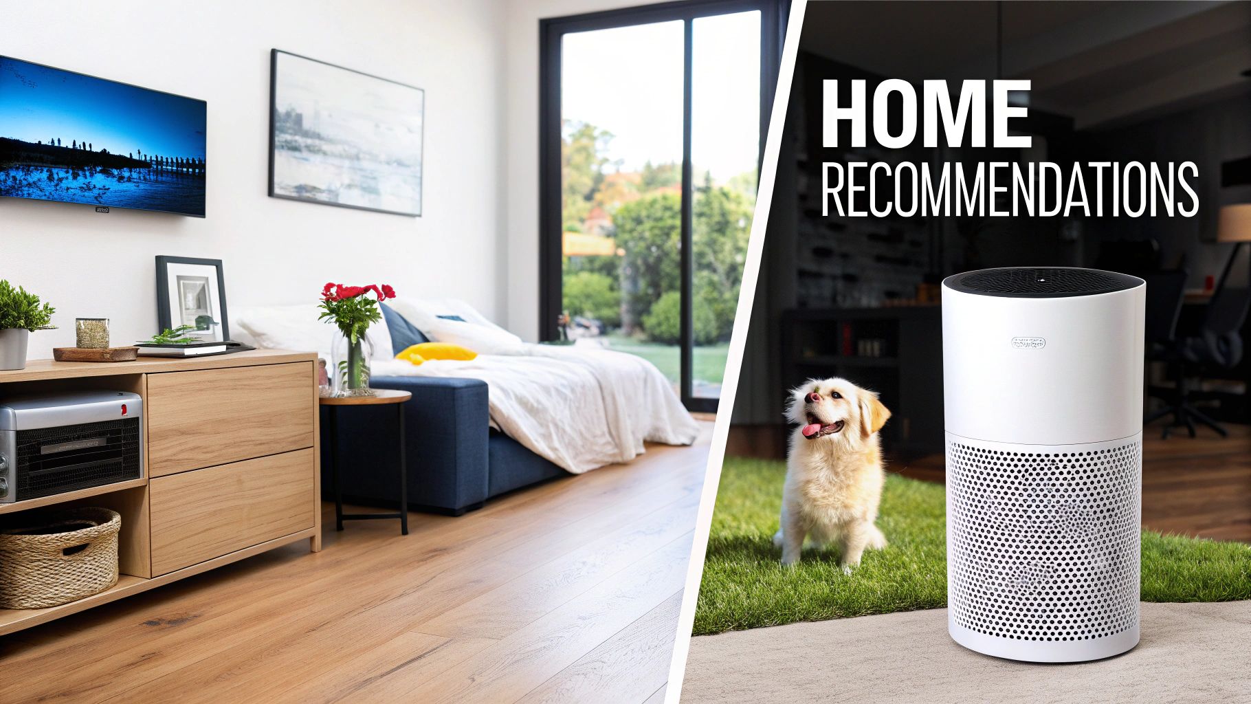 A modern living room with a TV and a sofa, alongside a dog and a white air purifier.
