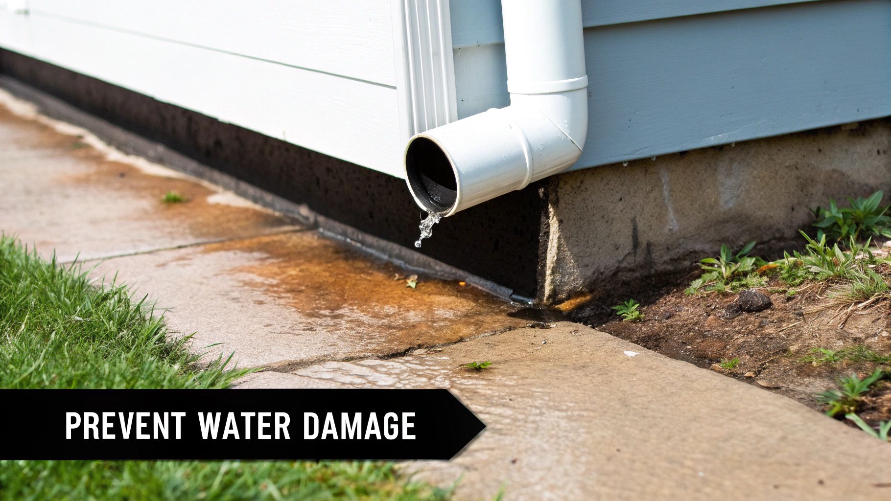 Water dripping from a house downspout onto concrete, pooling near the foundation, illustrating potential water damage.