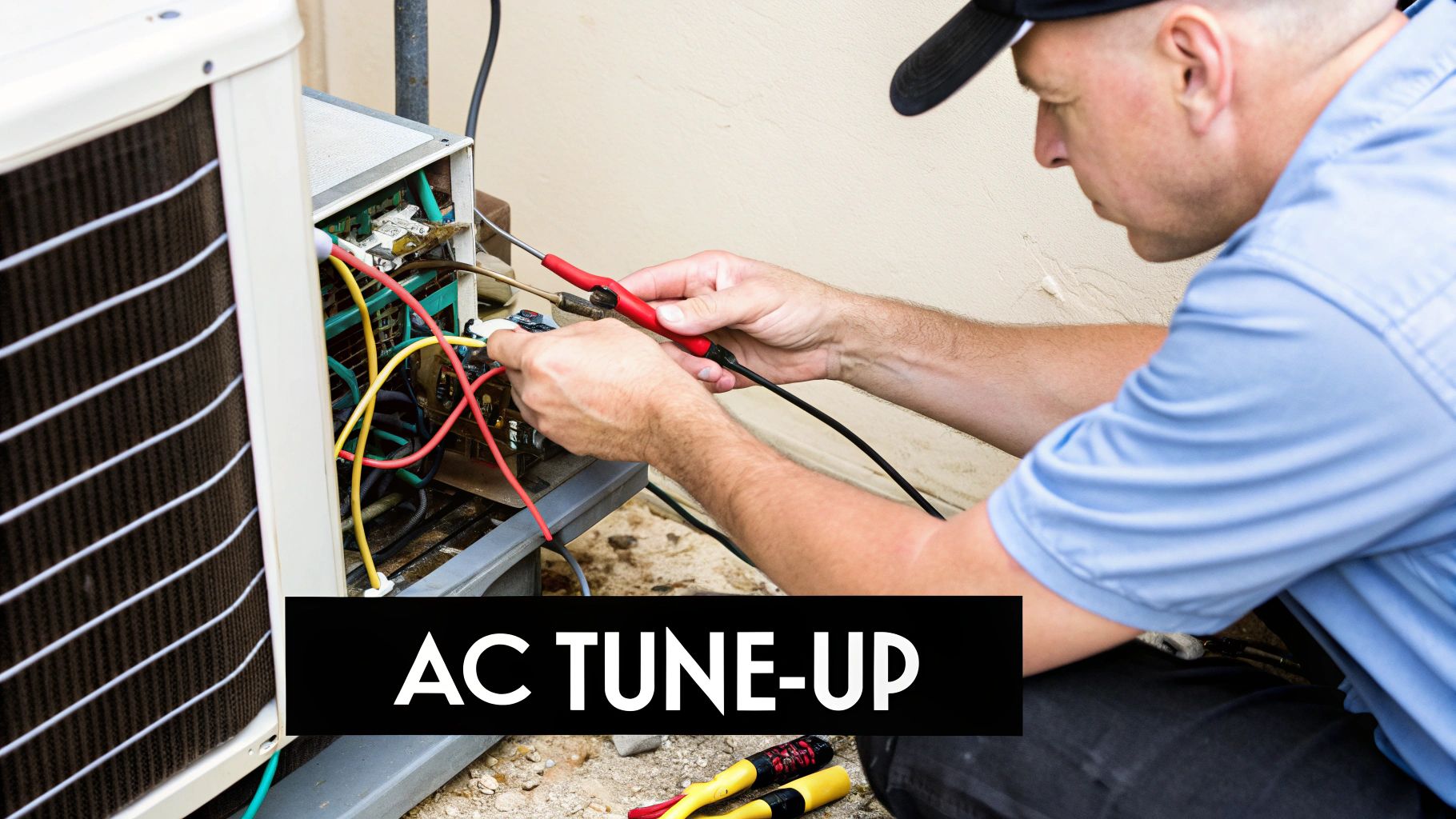 A technician performing an AC tune-up on an outdoor air conditioning unit with tools and wires.