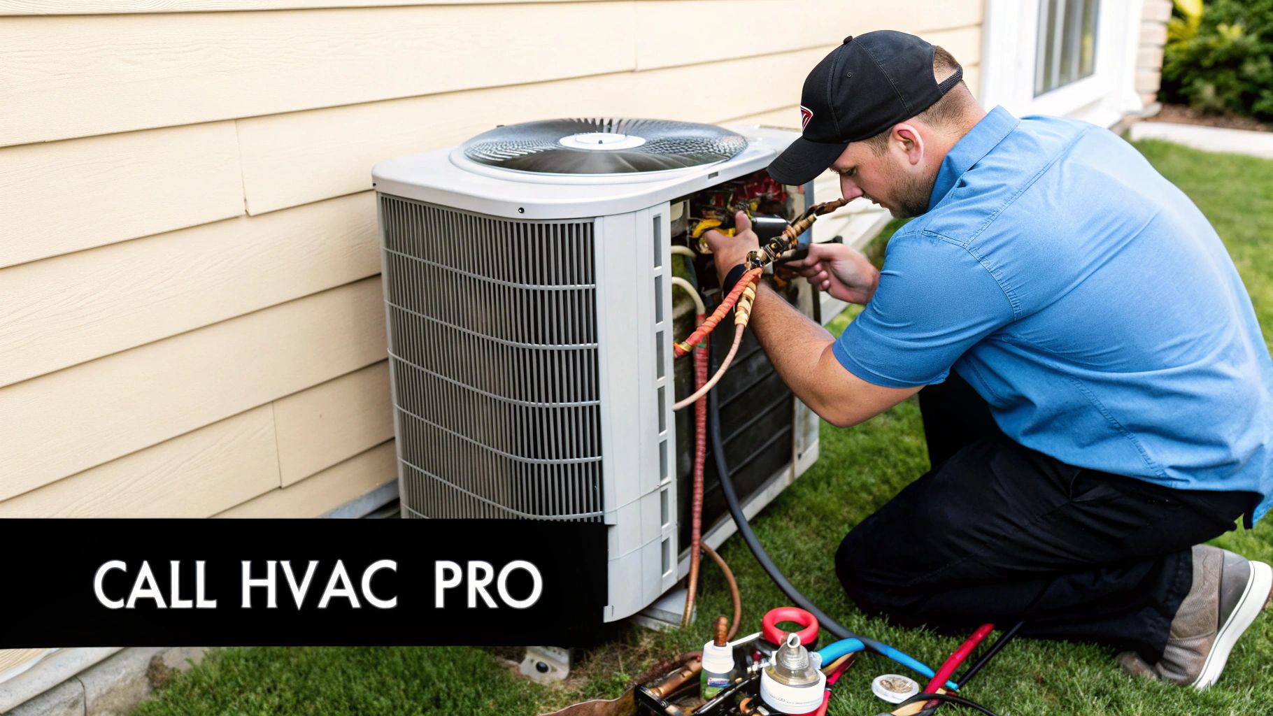 HVAC technician in a blue shirt and black cap repairing an outdoor air conditioning unit.