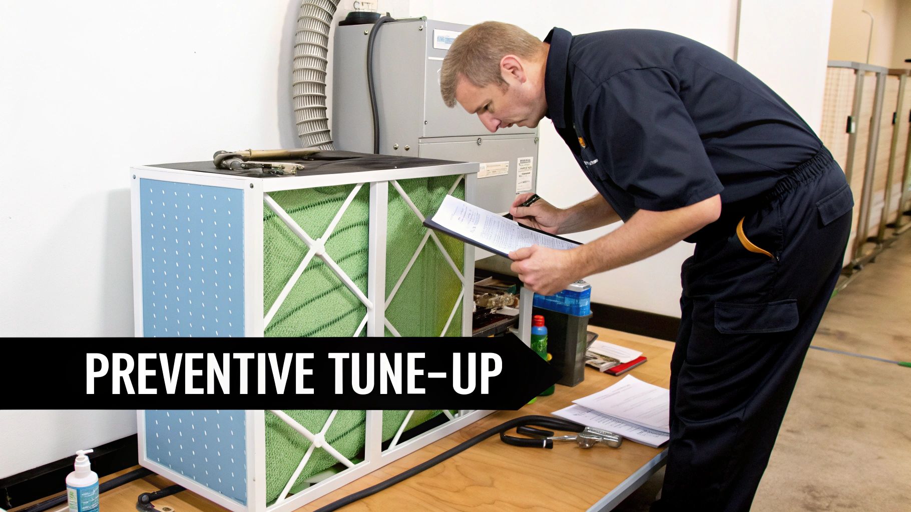 A technician performs a preventive tune-up on a furnace, checking a checklist next to air filters.