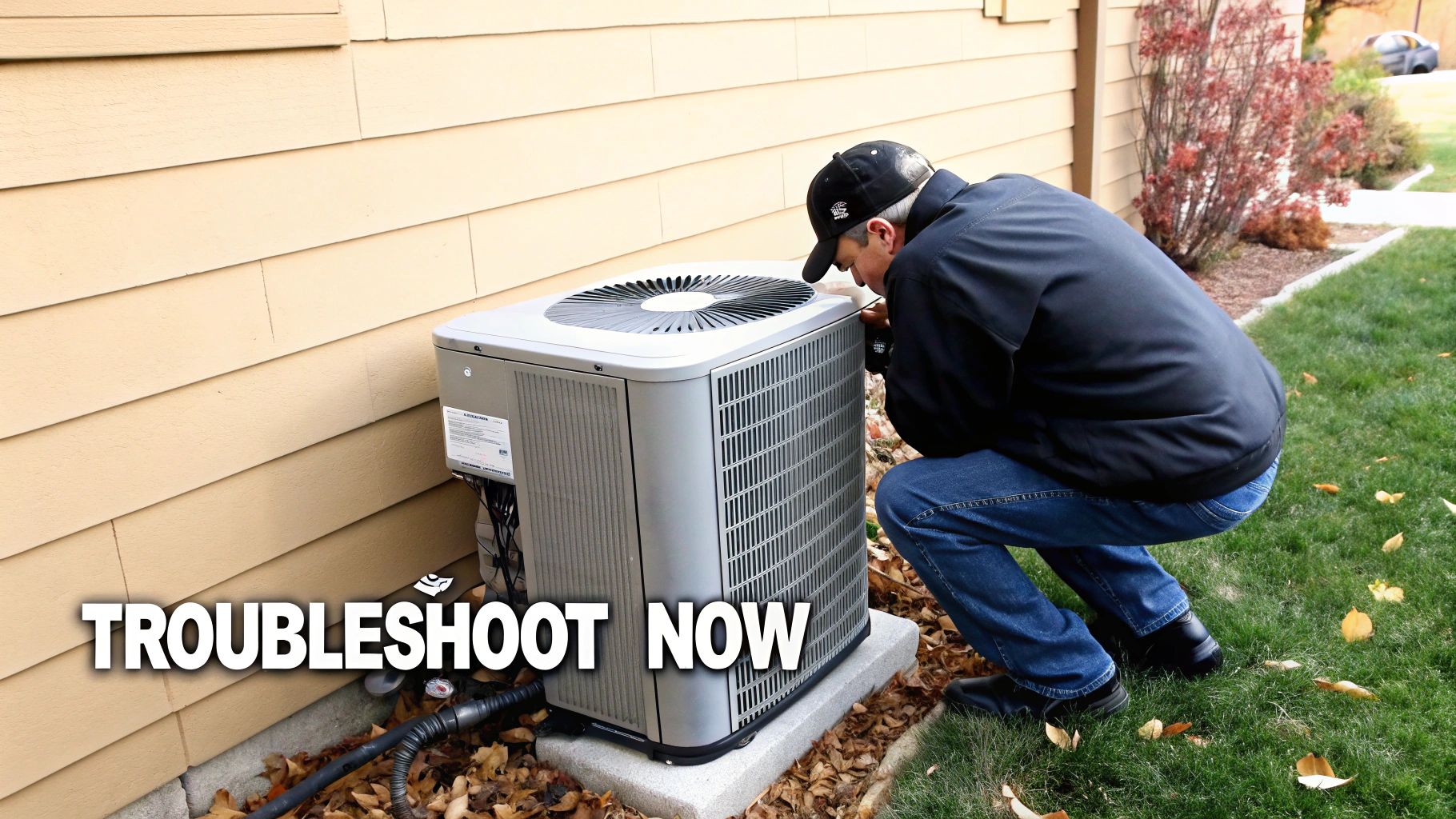 A man in a black jacket and baseball cap inspects an outdoor heat pump or AC unit.