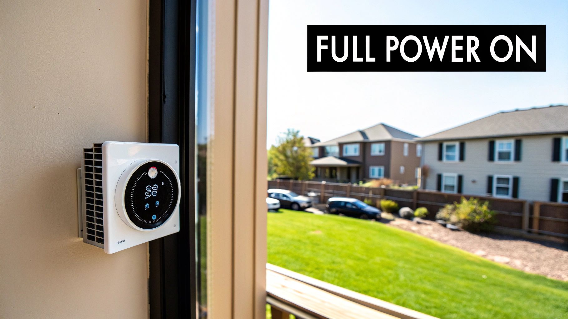 Window air conditioning unit with digital display showing full power mode installed in home