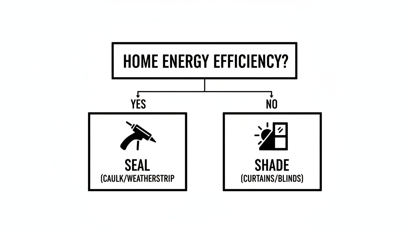 Flowchart illustrating home energy efficiency options: seal leaks with caulk, or shade windows with curtains/blinds.