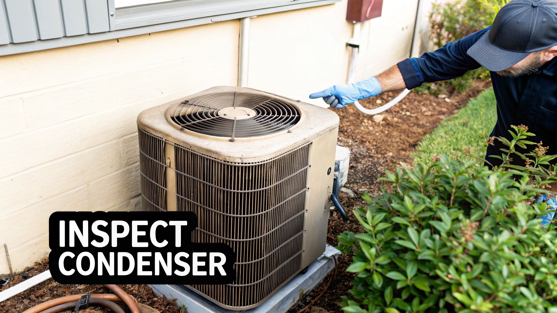 A technician in blue gloves inspects an outdoor air conditioning condenser unit next to a house.