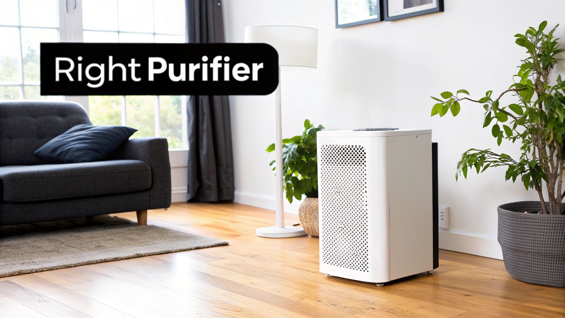 A white air purifier stands on a wooden floor in a modern living room with a sofa, window, and plant.