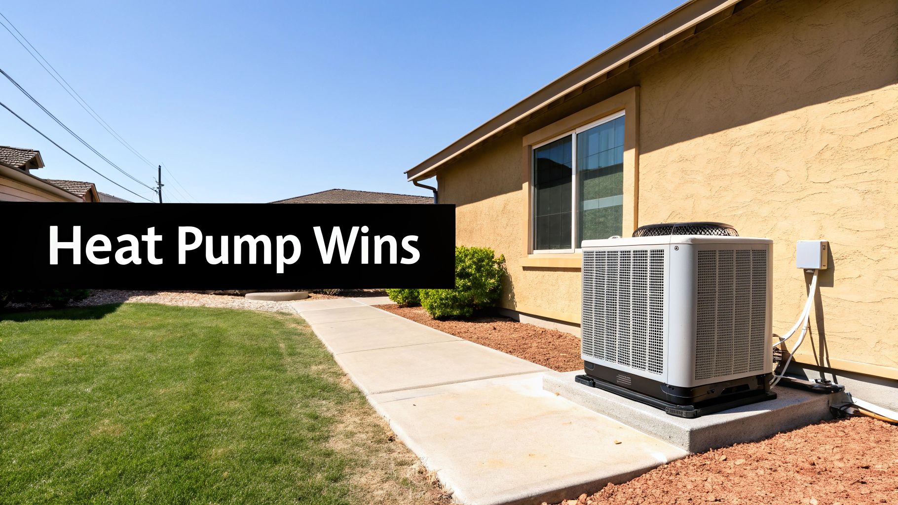 A heat pump unit sits outside a tan house with a green lawn, featuring 'Heat Pump Wins' text.