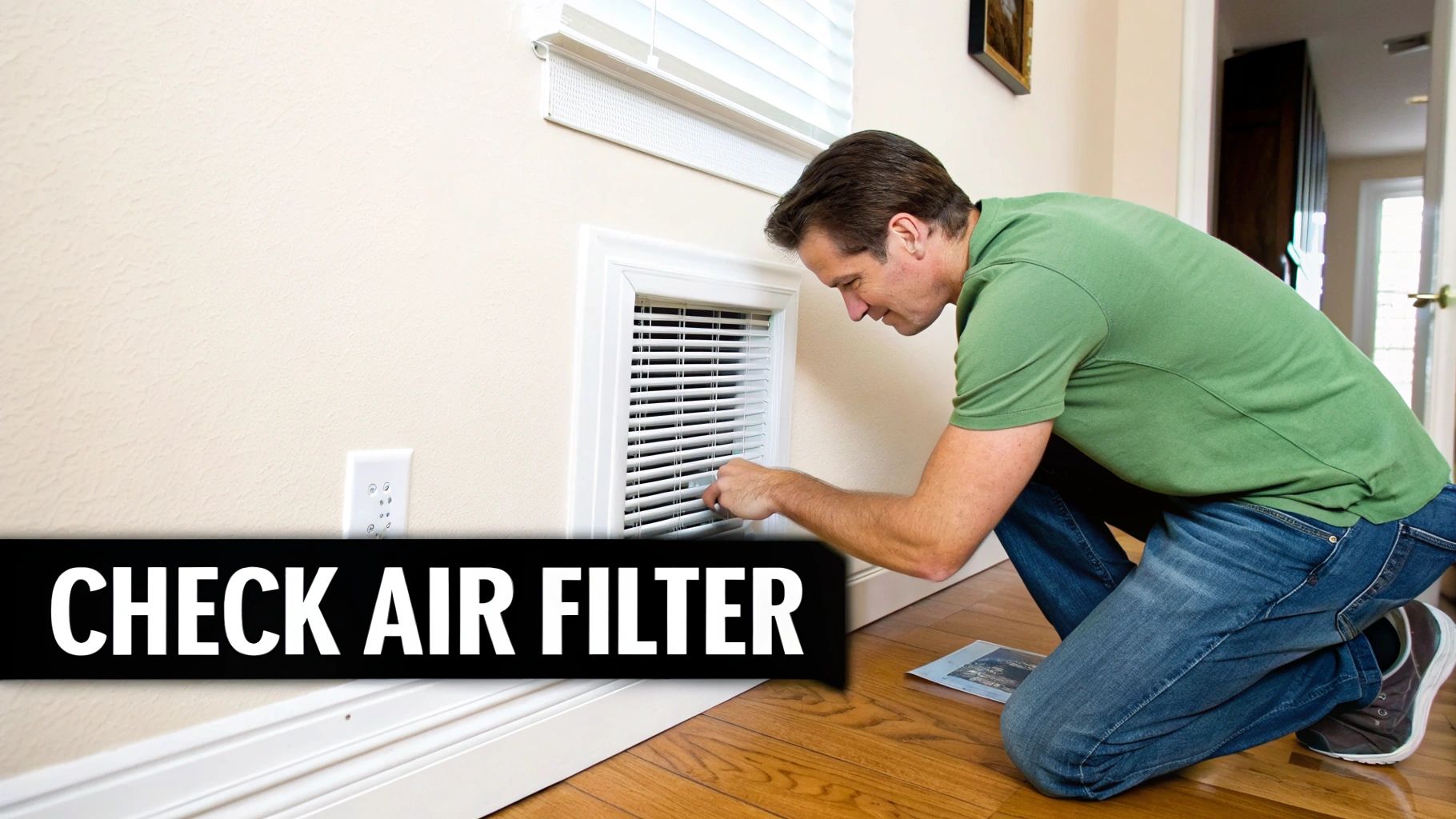 A man kneels to inspect a wall-mounted air return vent, likely checking an HVAC air filter.