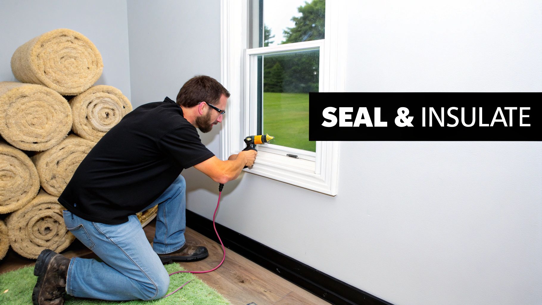 Professional contractor sealing window frame with caulking gun near insulation rolls to prevent moisture