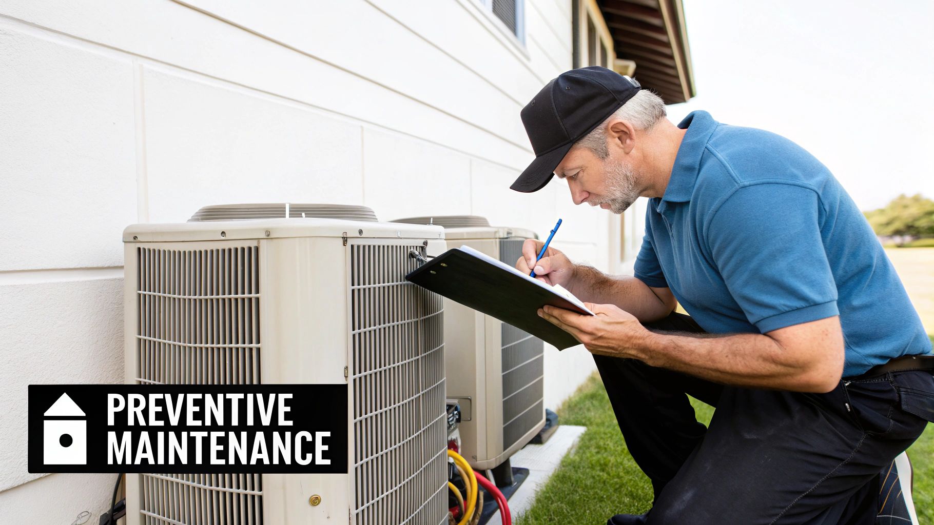 HVAC technician performs preventive maintenance, inspecting outdoor air conditioning units with a clipboard.