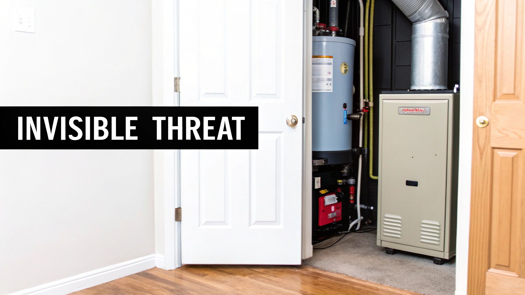 Open utility closet door revealing a water heater, furnace, and "INVISIBLE THREAT" text on the wall.