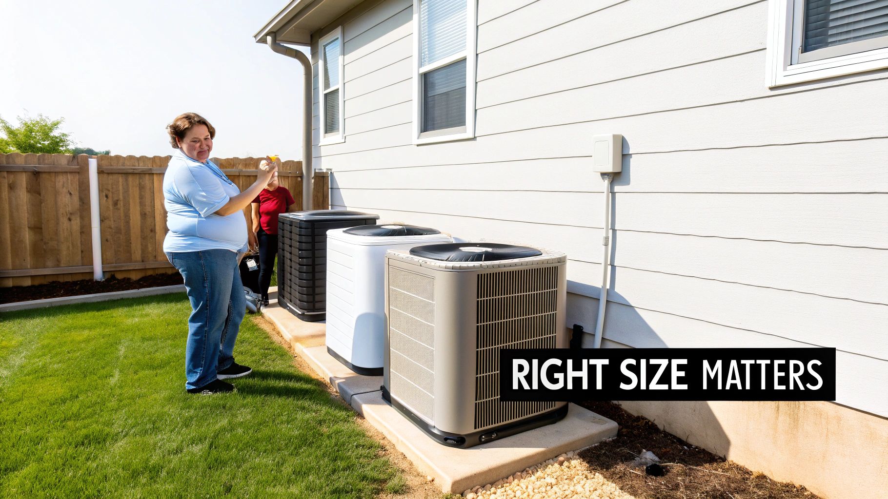 Two people standing by three outdoor air conditioning units next to a house, highlighting HVAC sizing.