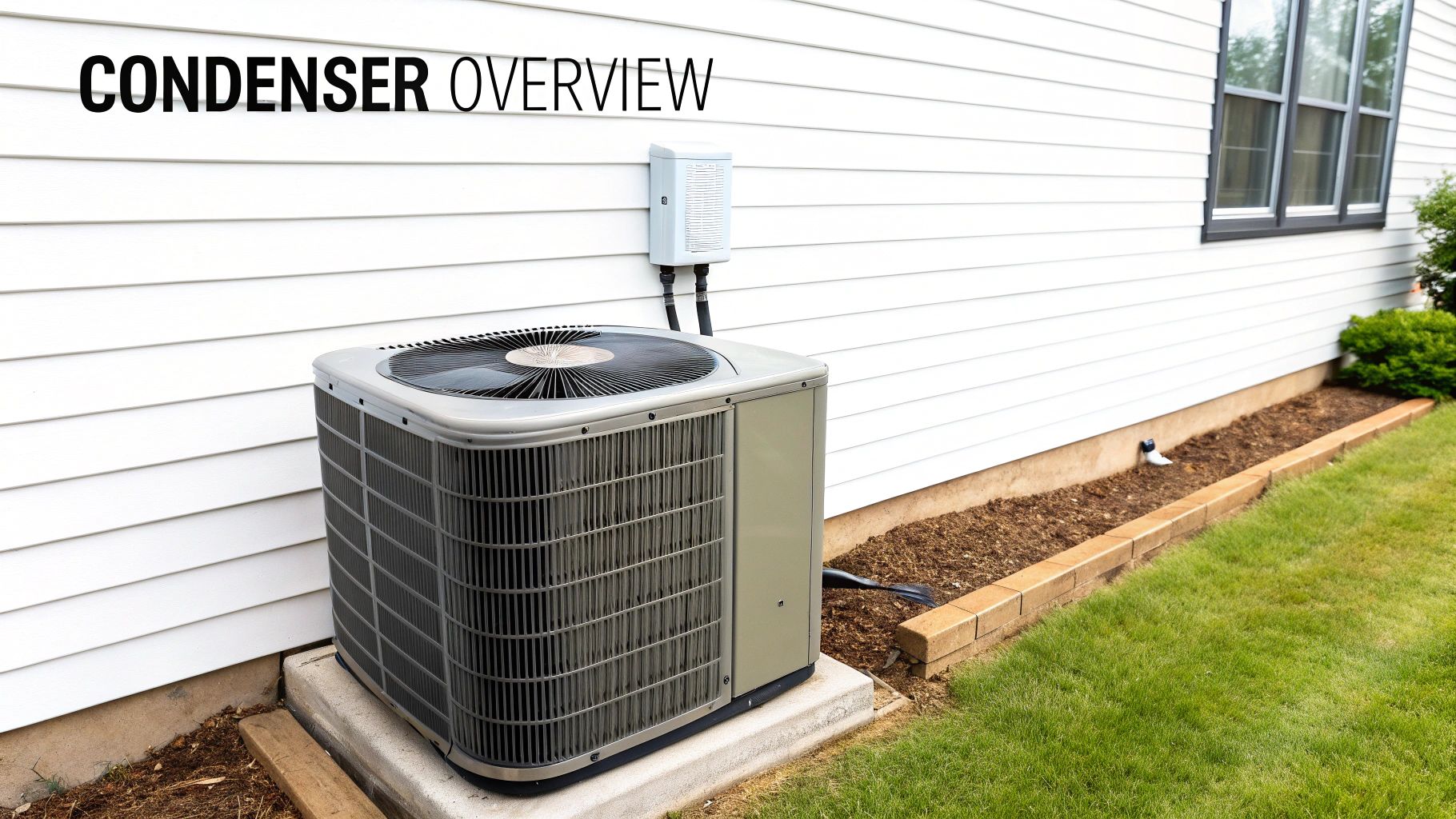 An outdoor air conditioner condenser unit on a concrete pad next to a white house, with 'CONDENSER OVERVIEW' text.