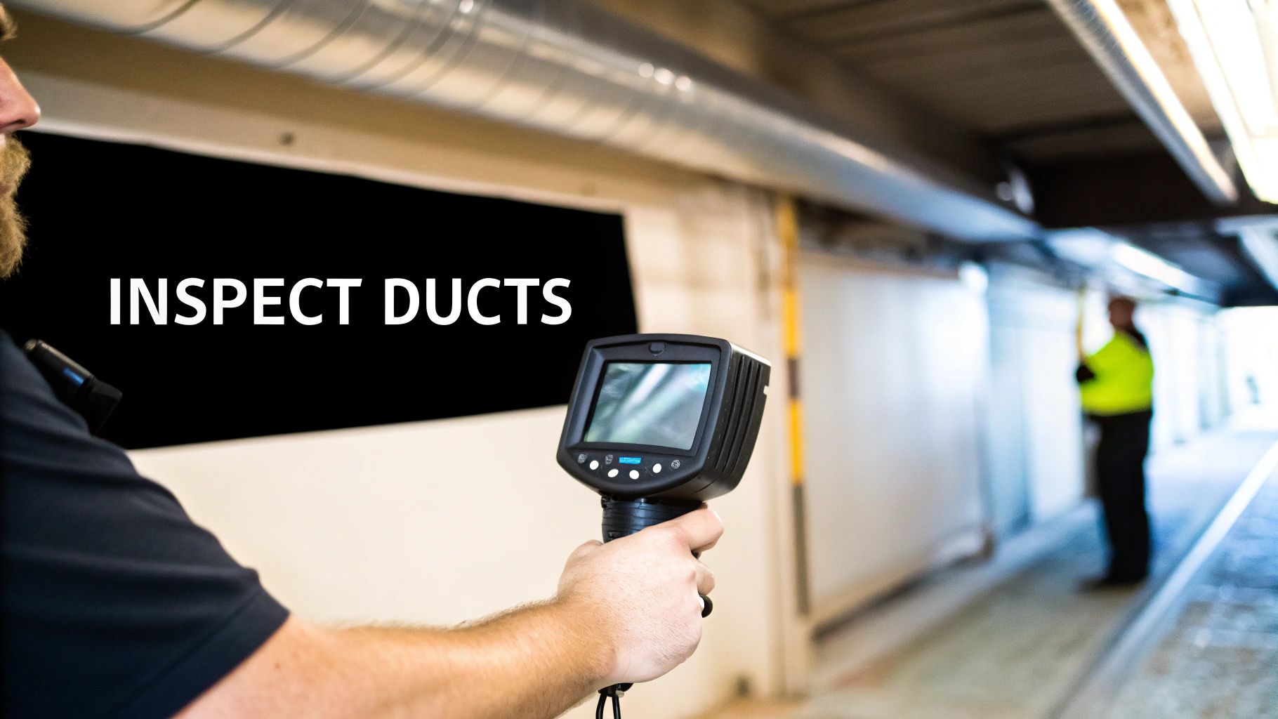 Professional inspecting commercial HVAC ducts with a handheld camera and "INSPECT DUCTS" sign.