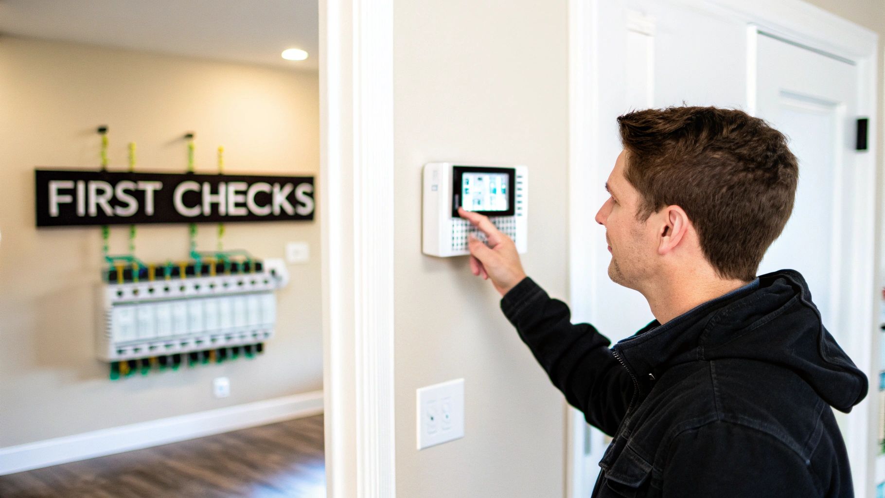 A man interacts with a smart home control panel, with an electrical box and a 'FIRST CHECKS' sign visible.