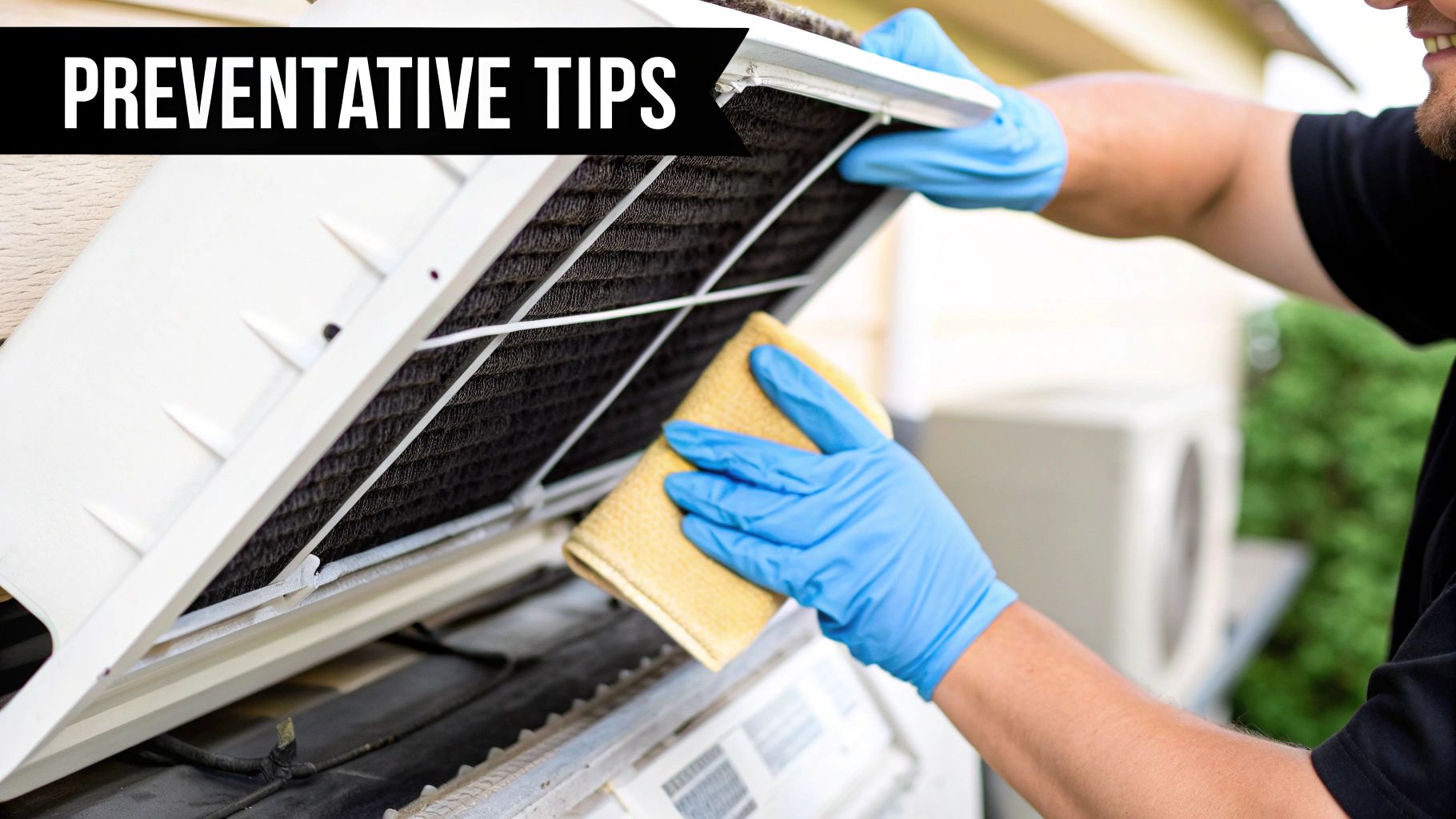 man wearing gloves and cleaning AC unit