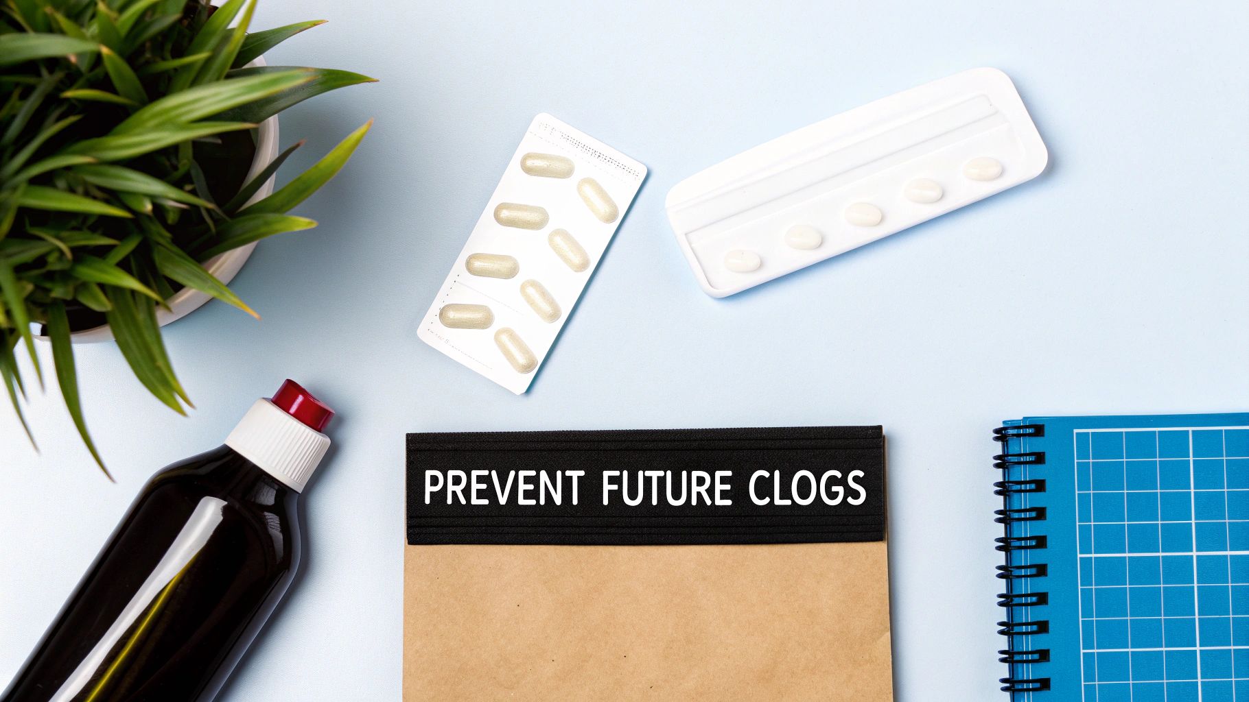 A flat lay showing a plant, pills, a bottle, and a notebook reading 'PREVENT FUTURE CLOGS'.