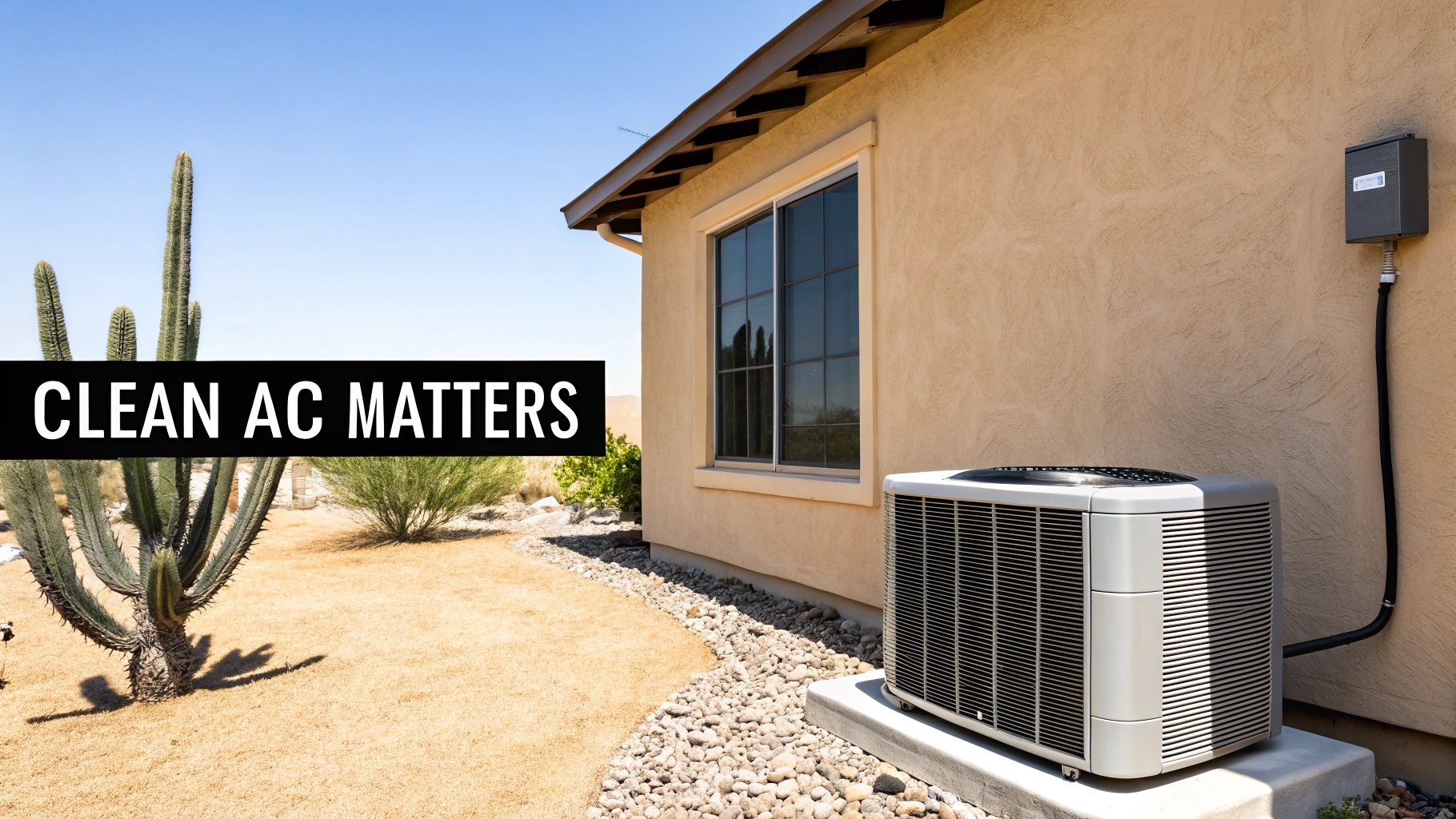 A clean outdoor air conditioning unit sits beside a desert home under a clear sky.