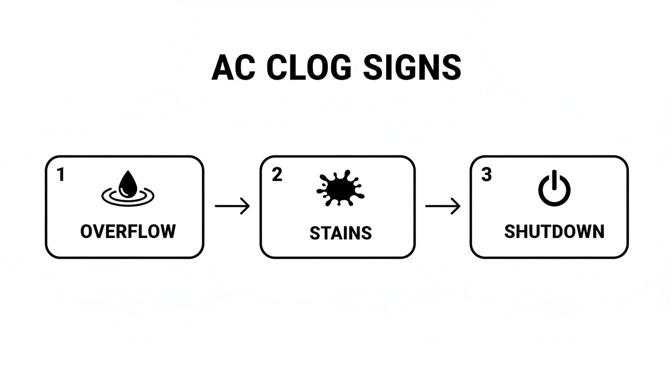 A flowchart illustrating three sequential signs of an AC clog: overflow, stains, and system shutdown.