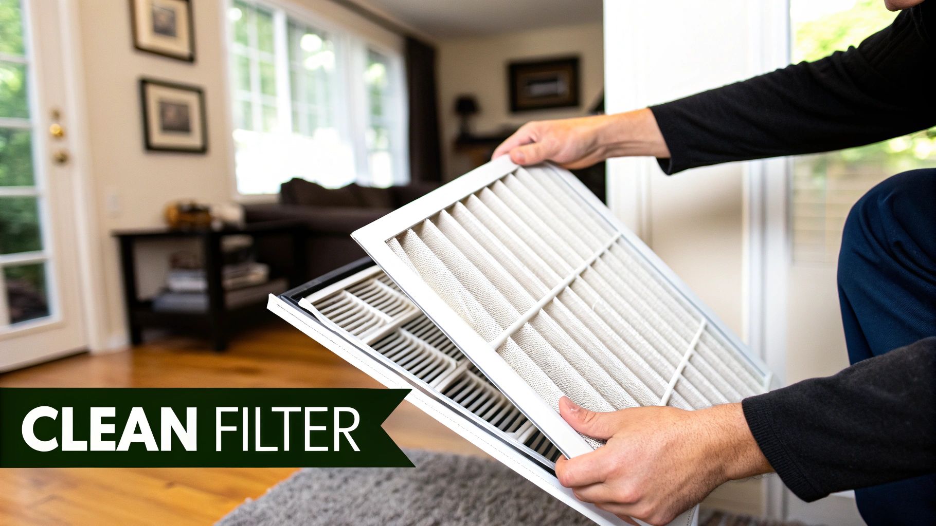 A person holds two HVAC air filters, one clean and new, the other appearing dirty and used.