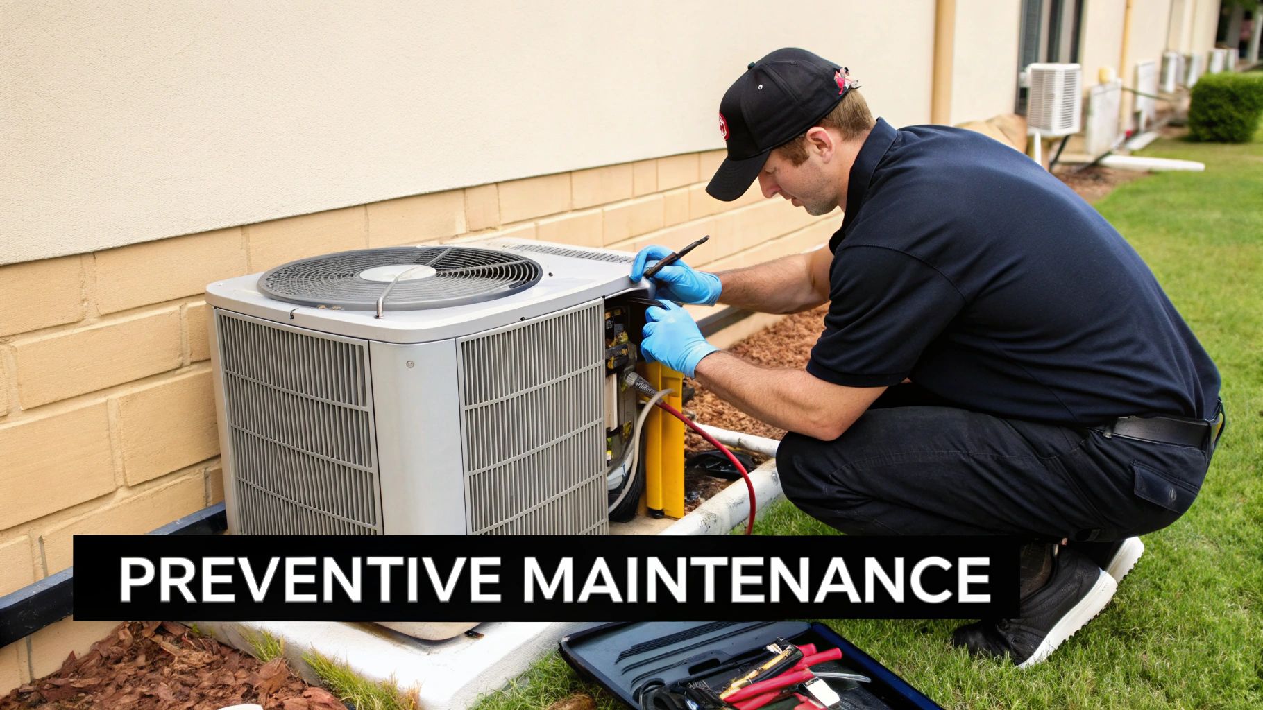 A technician performs preventive maintenance on an outdoor AC unit, crouching with tools.