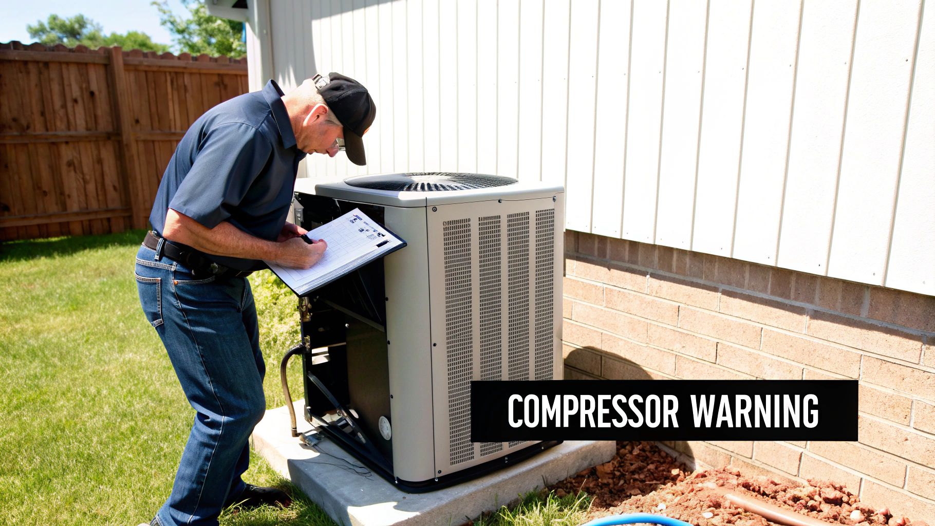 An HVAC technician inspects an outdoor air conditioning unit, writing notes on a clipboard, with a 'Compressor Warning' overlay.