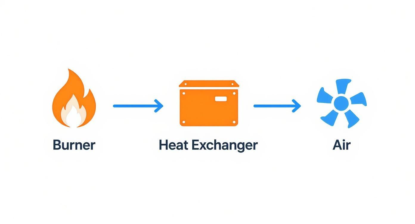 Diagram illustrating heat flow from a burner to a heat exchanger, then warming air.