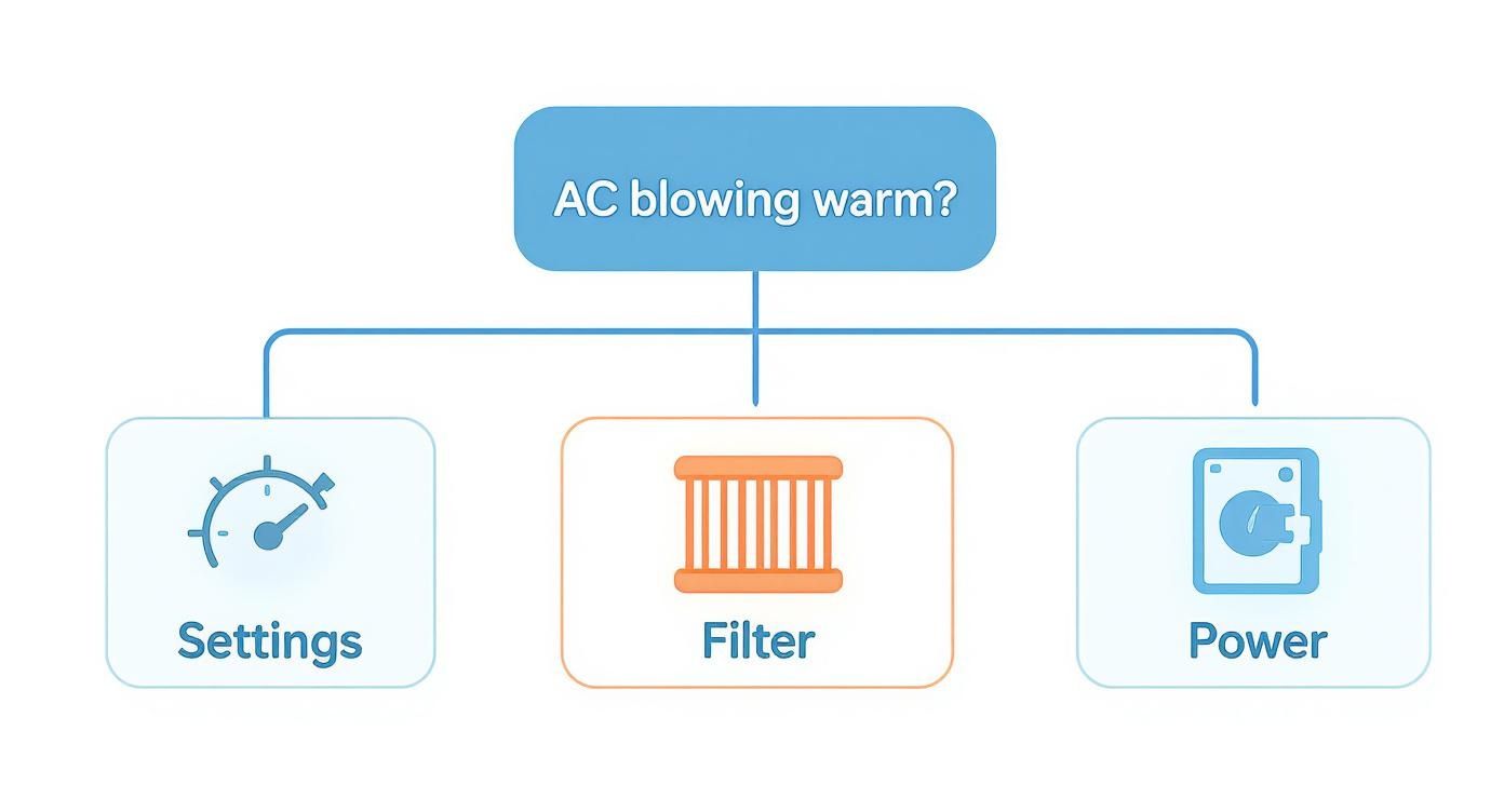 A flowchart troubleshooting an AC blowing warm, with steps for Settings, Filter, and Power.