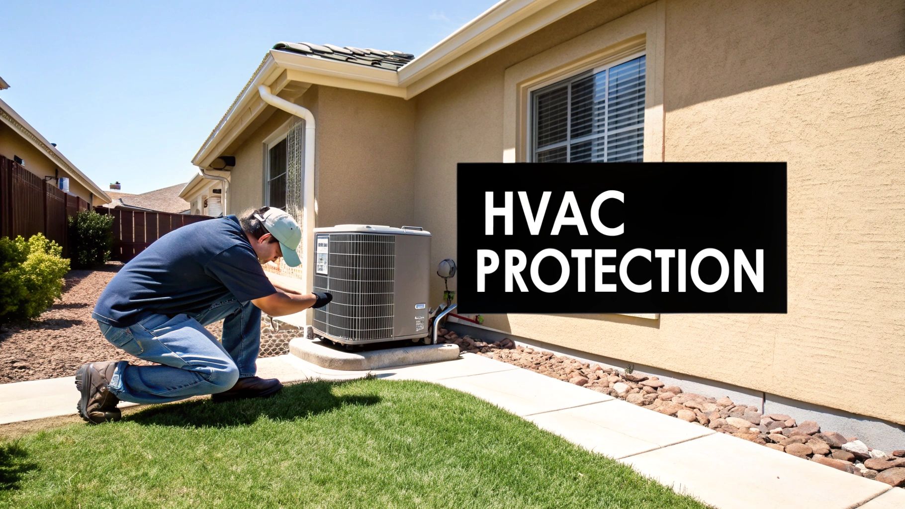 A technician performing maintenance on an outdoor HVAC unit next to a house, symbolizing HVAC protection.