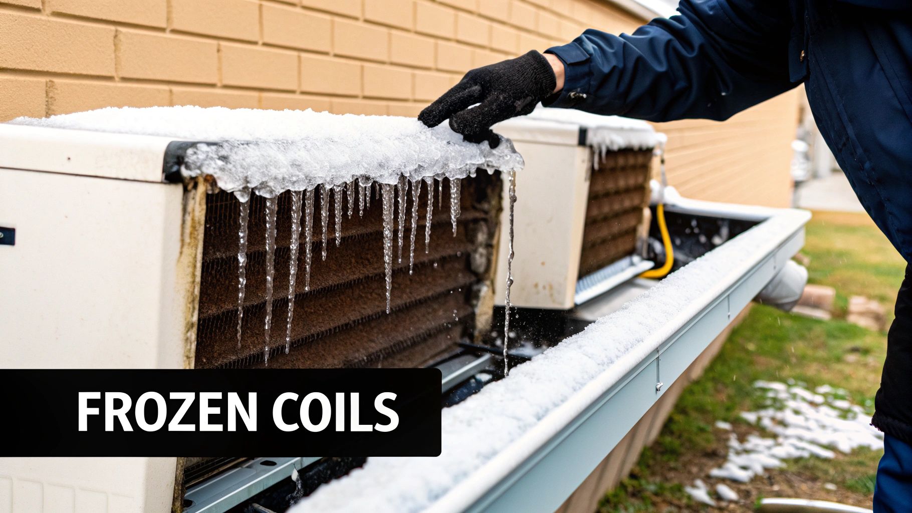 A technician's hands in blue gloves inspecting frosted copper AC pipes with a flashlight, showing a frozen evaporator coil.