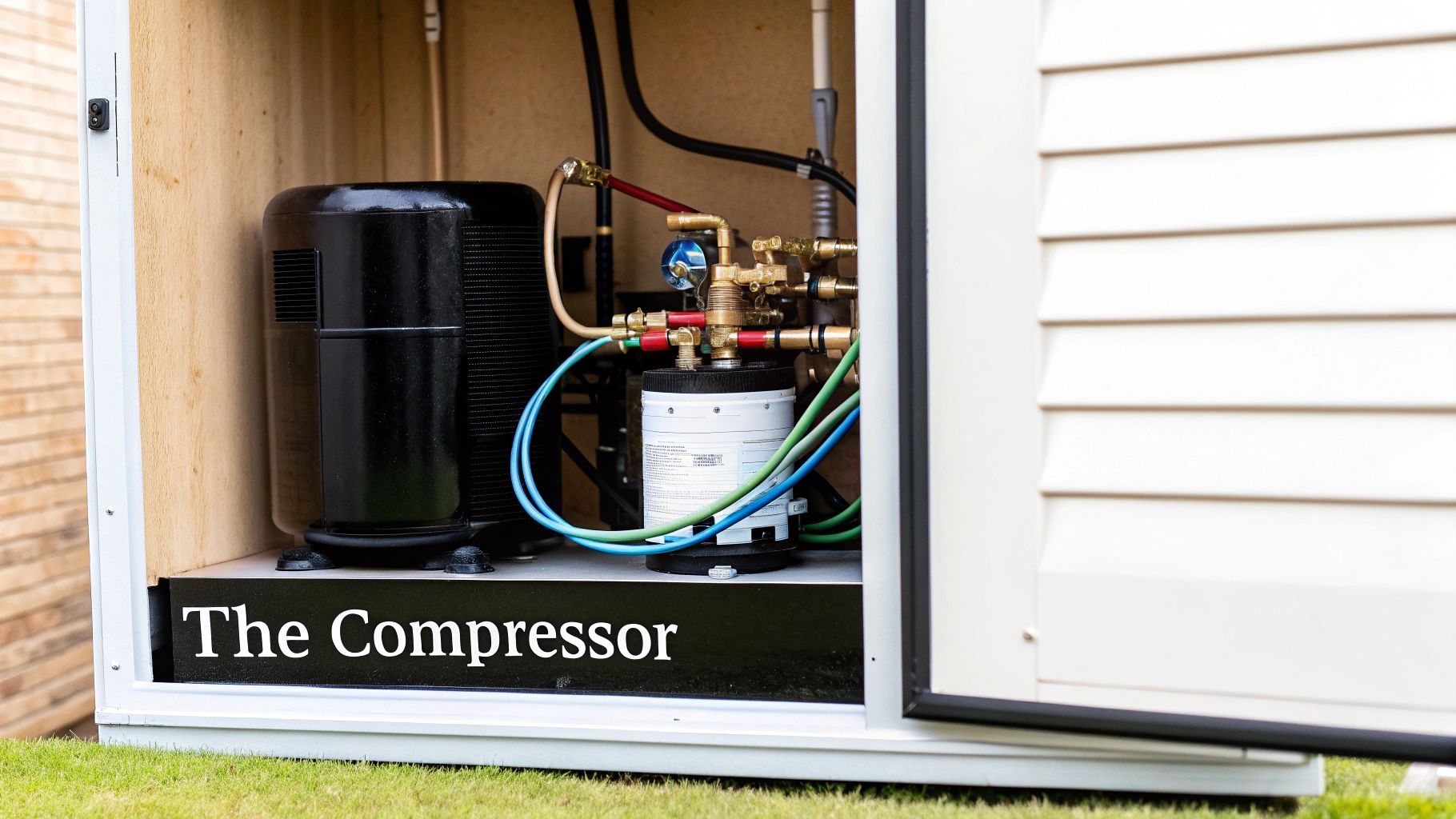 A compressor unit and brass manifold plumbing inside a white outdoor HVAC enclosure on green grass.