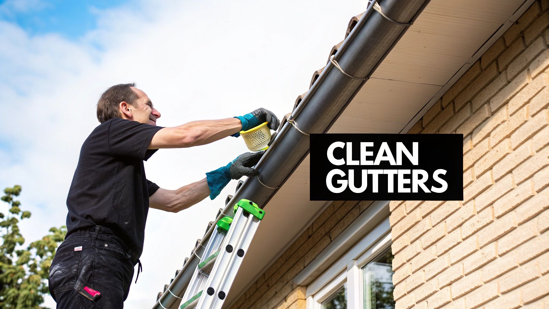 man on ladder cleaning gutters