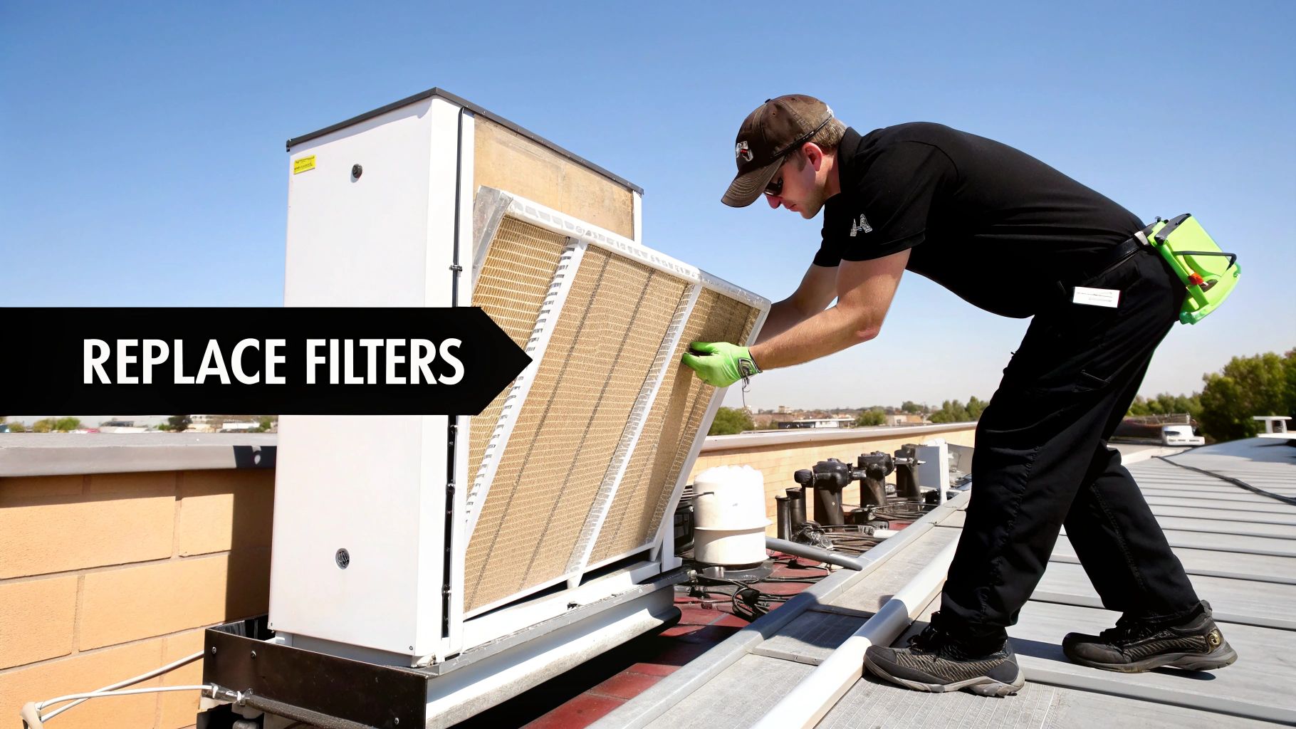 A technician on a rooftop replacing a large air filter in a commercial HVAC unit.
