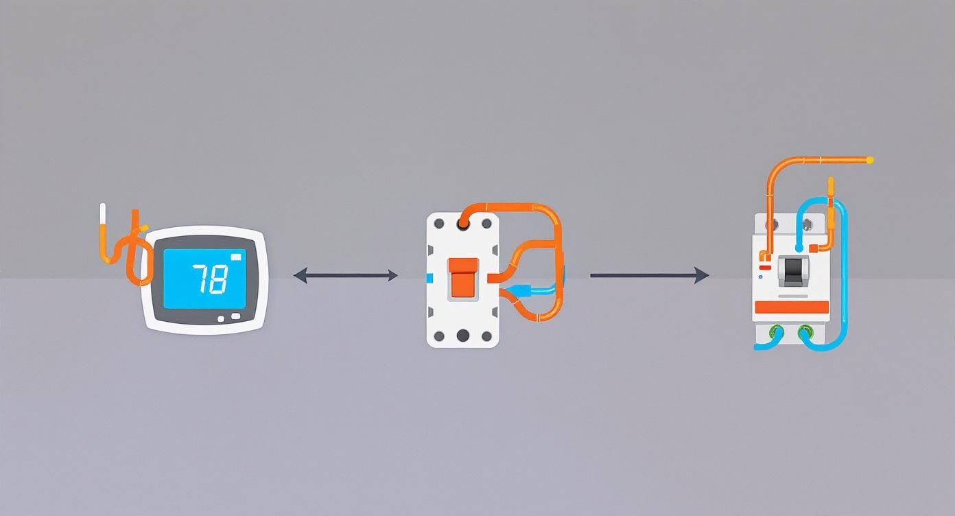 Electrical wiring diagram for an AC system, illustrating a thermostat, switch, and circuit breaker.
