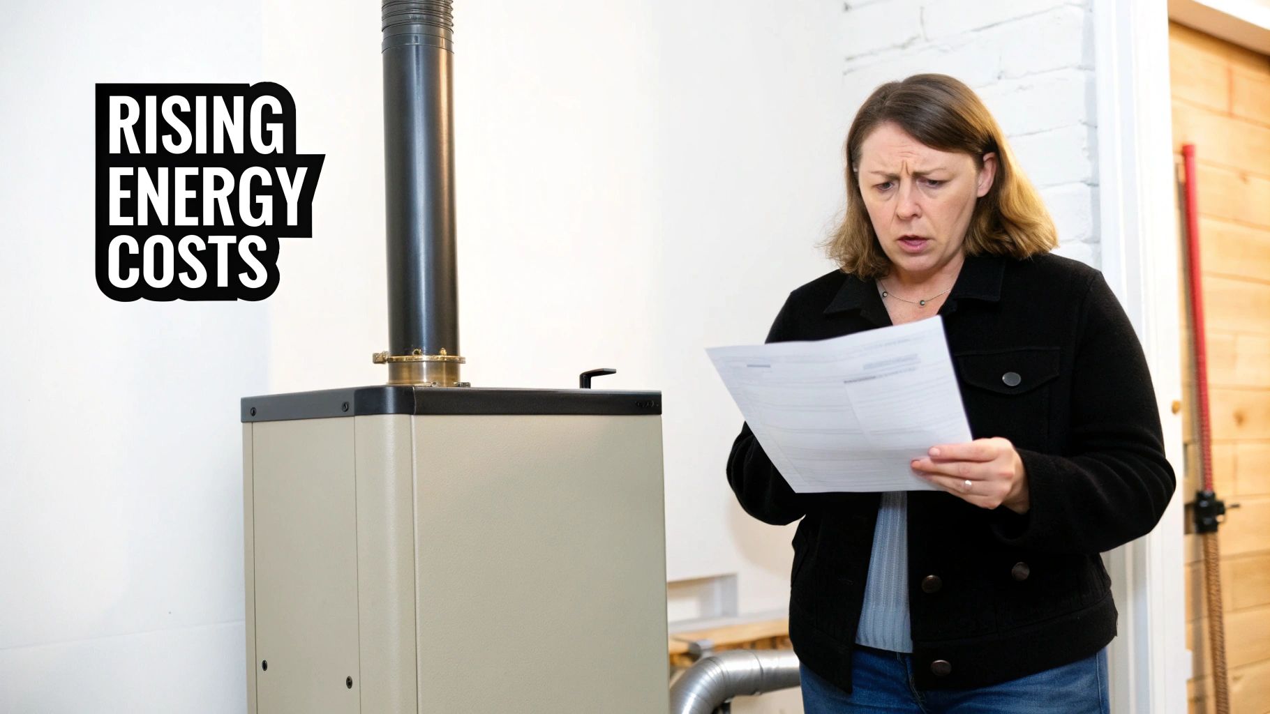 A worried woman holding a high energy bill next to a furnace, illustrating rising energy costs.