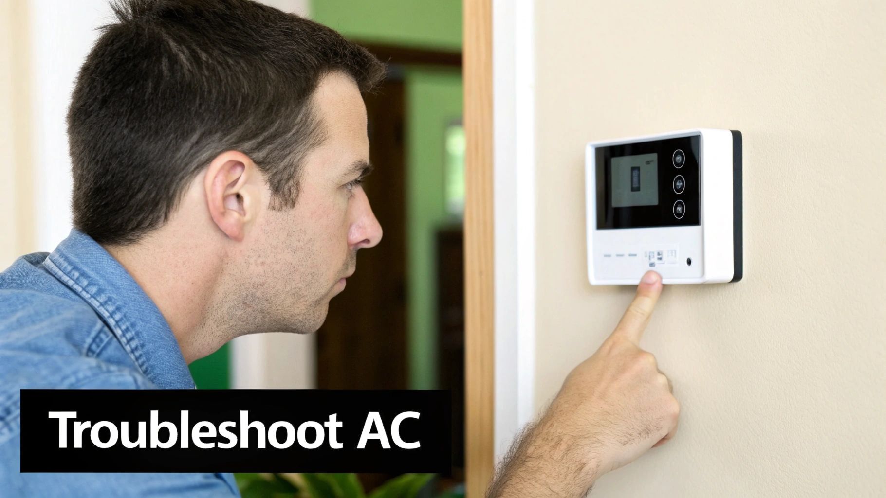 man pressing button on thermostat to troubleshooting AC
