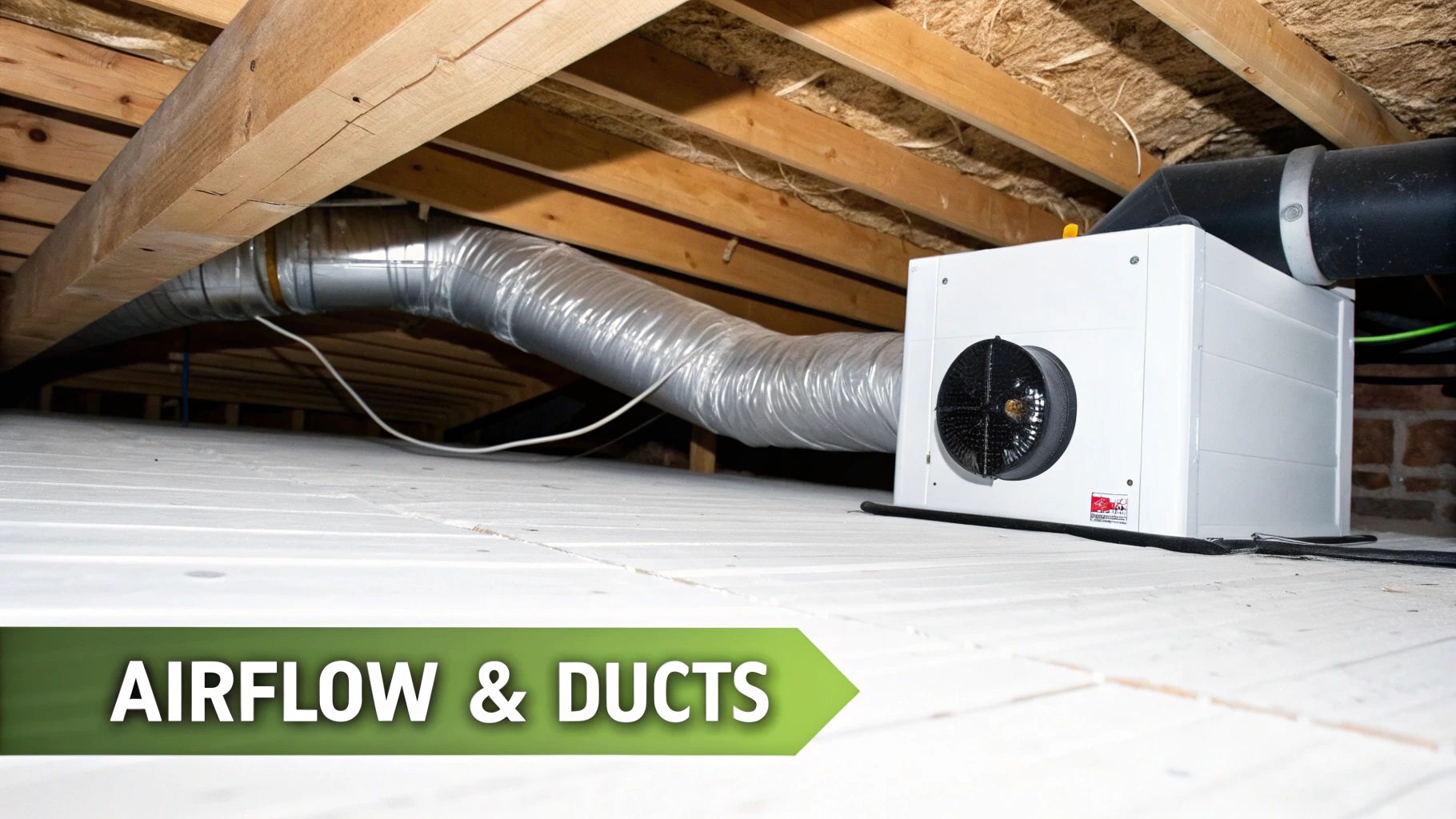An attic space displaying a white ventilation unit connected to flexible ducts and wooden rafters.