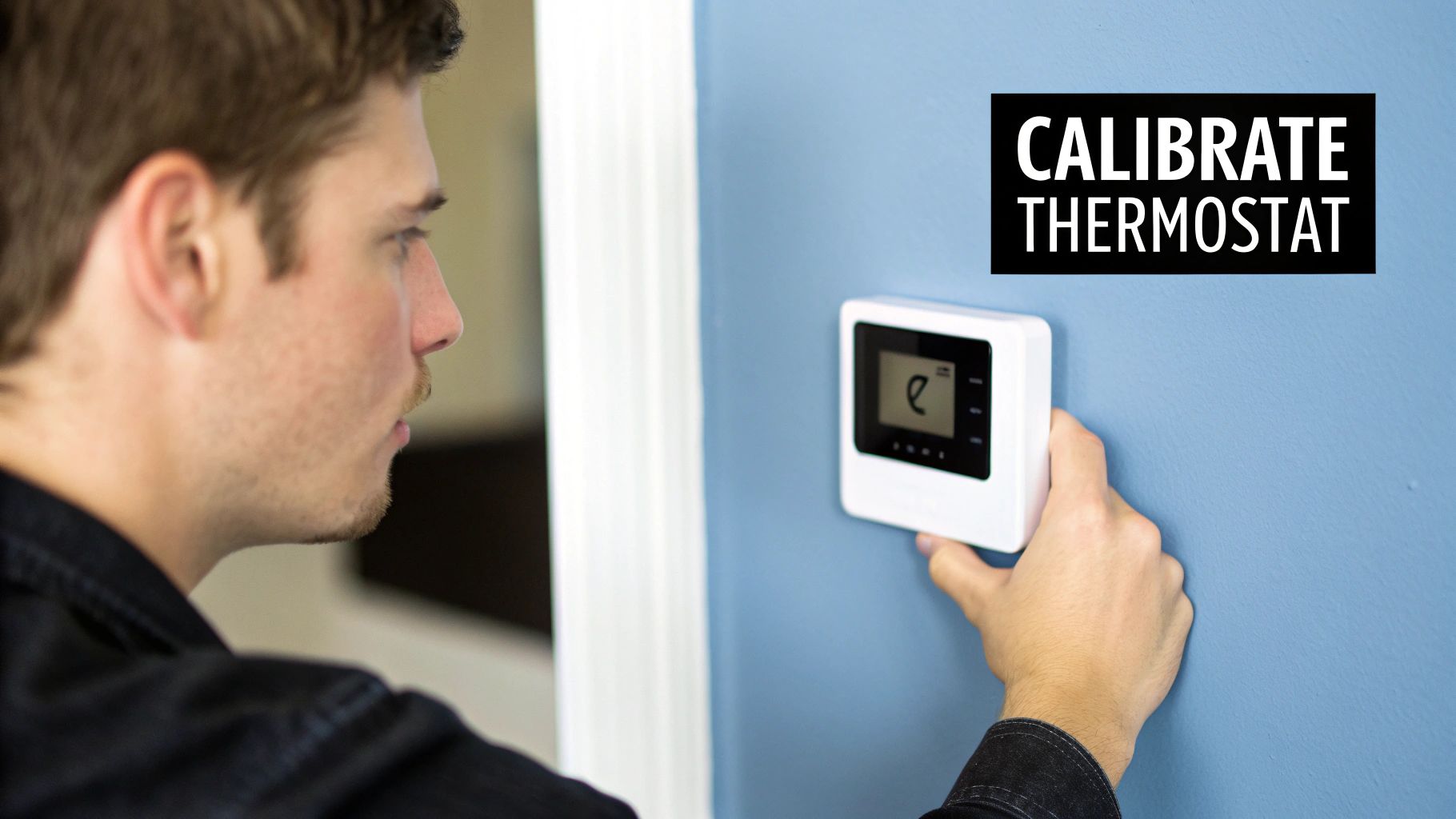 A man adjusts a white digital thermostat on a blue wall, calibrating it.