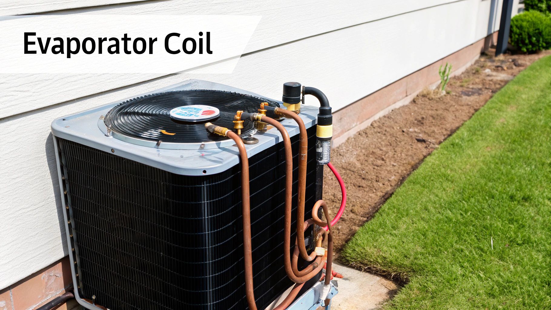 An outdoor air conditioning condenser unit sits beside a white house, with a white text box overlay reading 'Evaporator Coil'.