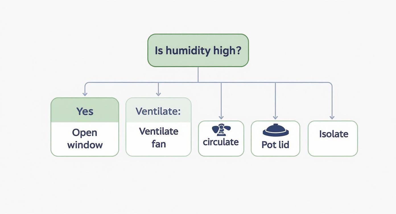 Flowchart showing steps to reduce high humidity including opening windows, ventilating fans, and pot lids