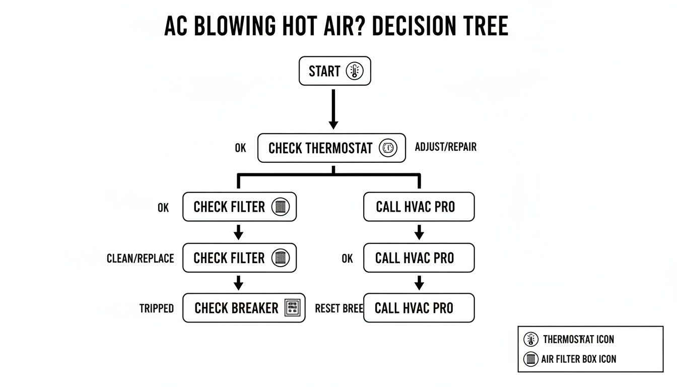 Decision tree for troubleshooting an AC blowing hot air, covering thermostat, filter, and breaker checks.
