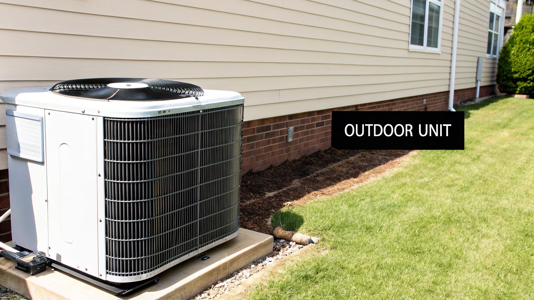 White outdoor air conditioning unit installed on concrete pad beside residential home exterior